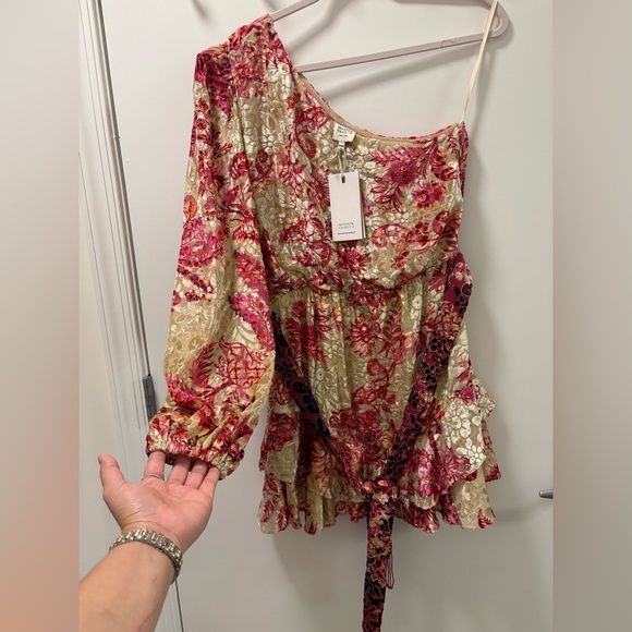 Hemant & Nandita NWT Red Beige Metalic Floral Mini Dress Size M - Picture 4 of 15